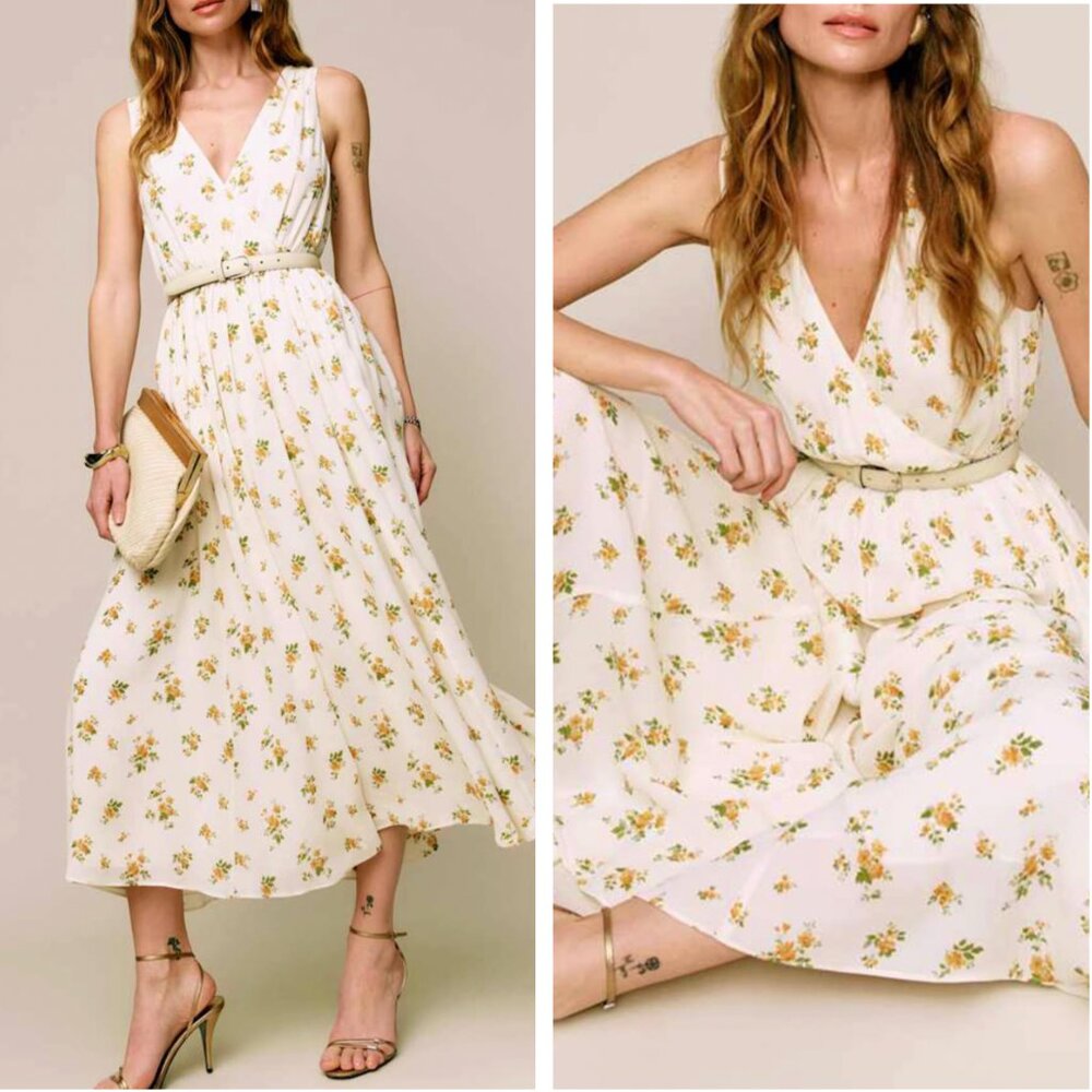 Reformation Farah Midi Dress Nicola Yellow Ivory Floral Summer Causal French - Picture 2 of 13